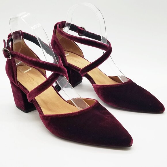 Garnet Hill Esta Crossover Strap Block Heels Burgundy Velvet Size 38 Pointy Toe - Picture 3 of 16
